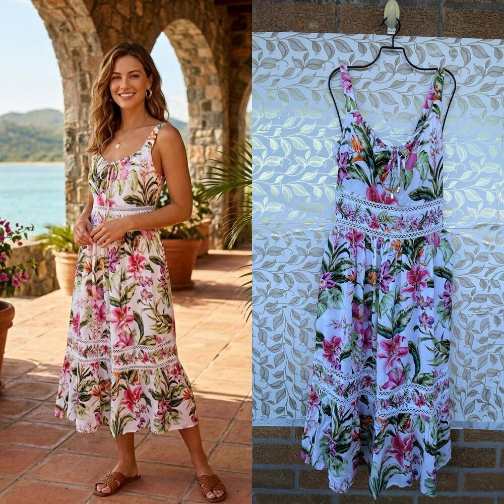 La Blanca Tropical Floral Maxi Dress Smocked Resortwear Cottagecore Orchid NWT S